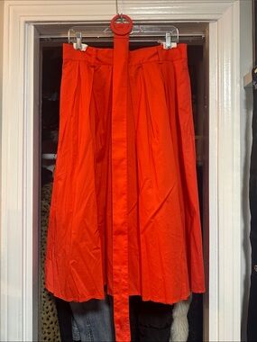 Unique Vintage Vibrant Orange A-Line Midi Skirt with Waist Sash